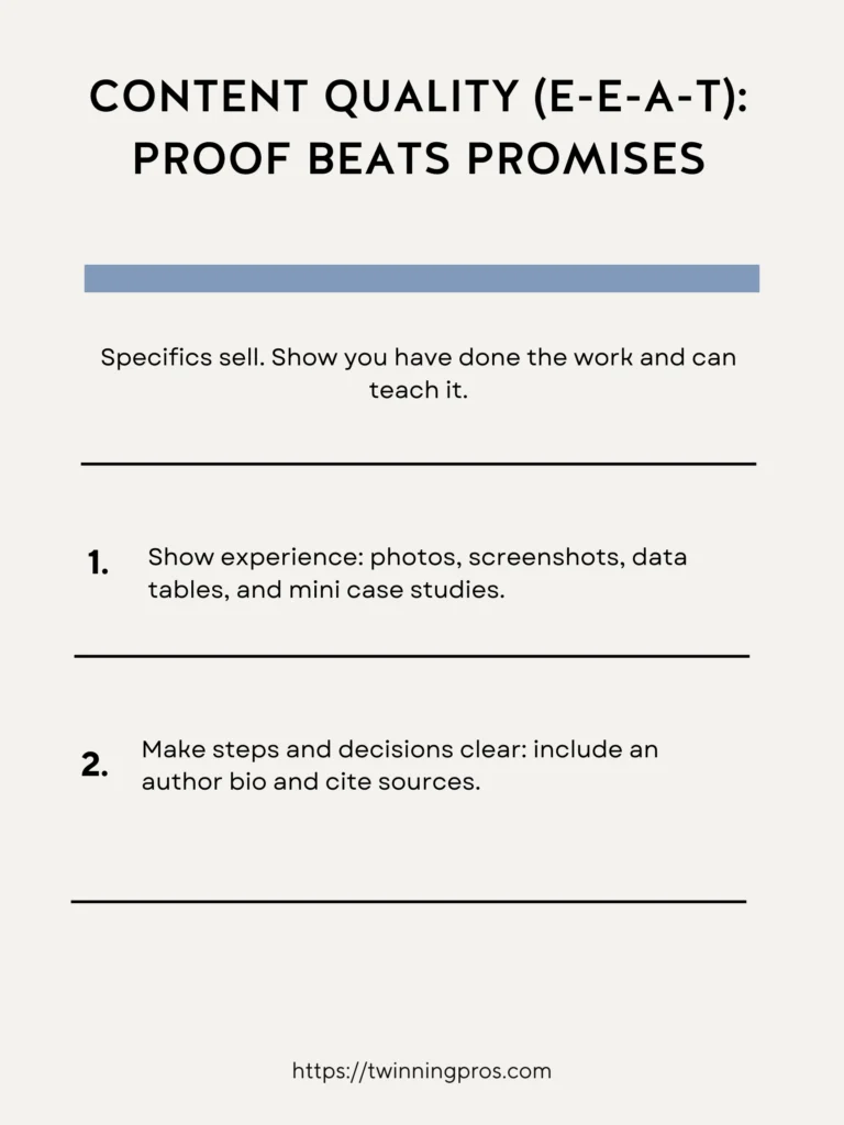 Content Quality (E-E-A-T) & On-page SEO: Proof Beats Promises